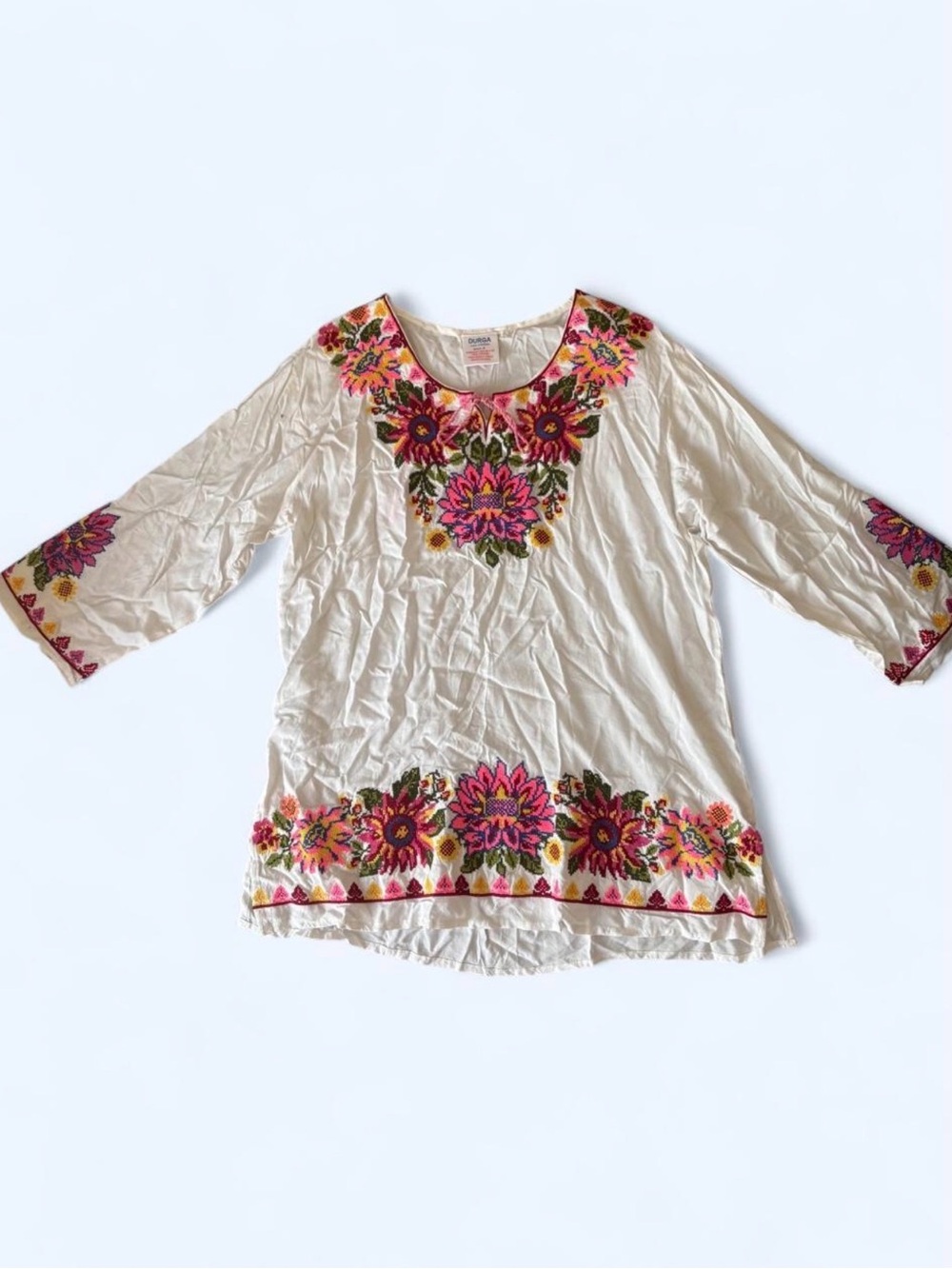 Cream Embroidered Floral Tunic Top with Pink Accents